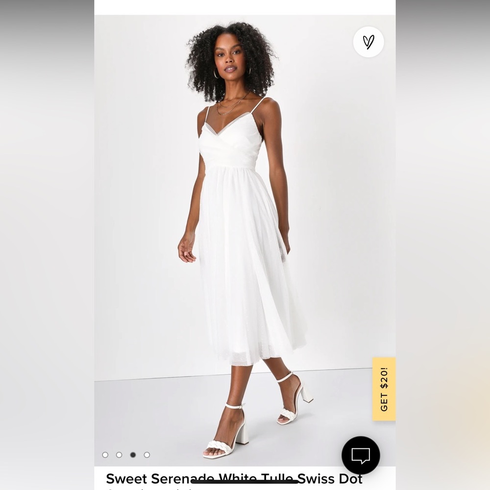 Lulu’s Sweet Serenade White Tulle Swiss Dot Surplice Midi Dress, Size Medium